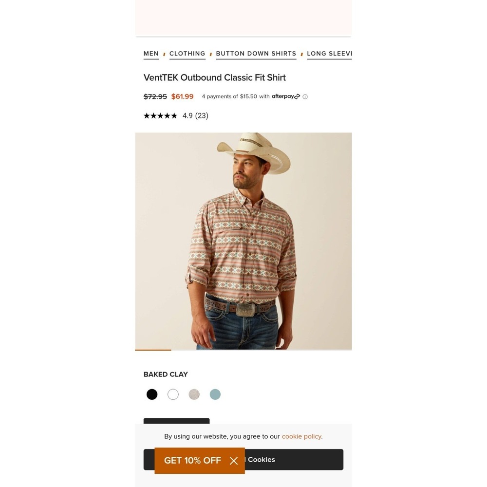 Ariat VentTEK Mens Performance Shirt Western Classic Fit UPF XL Baked Clay